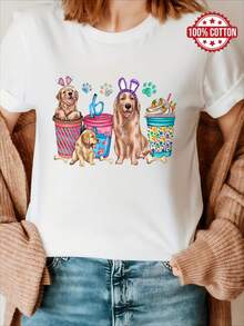 100% Cotton T-shirt | Shipped from Mexico | High-quality breathable fabric | Women's black and white loose short-sleeve printed cotton Dogs In Cups And Bones |Machine Washable|Sport Round Neck Casual Top|Comfortable Trendy Fashion| - Blanco - Ver 1