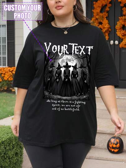 Customized Halloween Loose Women T-Shirt, Upload Your Photo/Group Photo/Pet Photo/Team Photo, Customize Your Text/Birthday Wishes/Interesting Quotes/Slogans, Plus Size Women Plus Size Crew Neck Casual Sports T-Shirt, Customized Graphic Tee, Women Black Top, Autumn Clothing, Halloween Memorial Gift, Valentine's Day Gift, Birthday Gift, Best Friend Gift, Summer Women Top