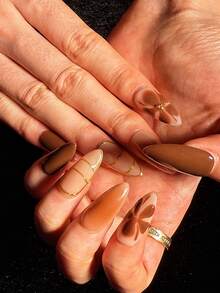 10 Almond-Shaped Nail Pieces, Pure Handmade Autumn And Winter Super Beautiful, High-End Elegant, Gentle Style, Multi-Color Blooming, Hand-Painted Flowers With Small Gold Beads, Suitable For Girls And Women Press On Nails Nail Supplies Nails - Multicolor - View 4