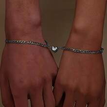 1 对不锈钢磁性心形吊坠手链，男女通用情侣腕带，适合送给男朋友/女朋友的礼物，情人节 - 金色 - 查看 2