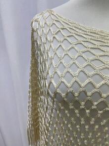 1pc Fashion Versatile Women Spring/Summer Knitted Hollow-Out Cover-Up Cape, Sunscreen Shawl For Beach - Beige - View 3