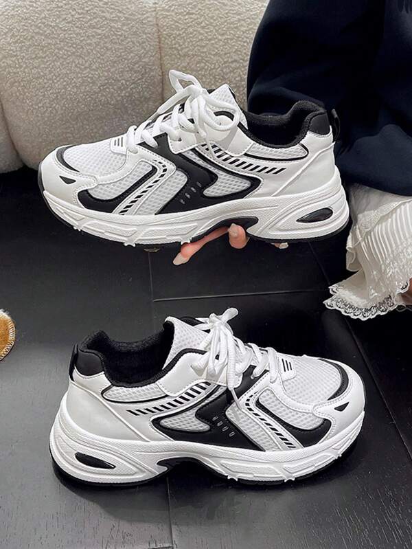 Tênis casuais plus size para todas as estações, com solado grosso e salto grosso, patchwork em couro e malha, respirável, versátil, unissex para corrida esportiva ao ar livre. Observação: Forma pequena, peça um tamanho maior.