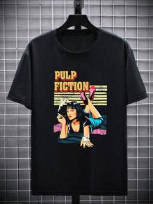 Kaos Pria Ukuran Besar Kasual Musim Panas Leher Bulat Lengan Pendek dengan Gambar Manusia & Huruf - Hitam - View 2