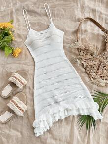 FOR BEAUTY 夏季新款白色针织罩衫连衣裙，女士沙滩度假风荷叶边吊带迷你连衣裙，新年