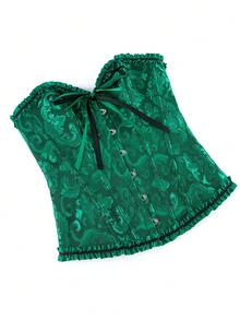 Plus Size Women Floral Jacquard Corset Bustier Top, Backless Strapless Bandeau Blouse For Party - Black Green - View 4