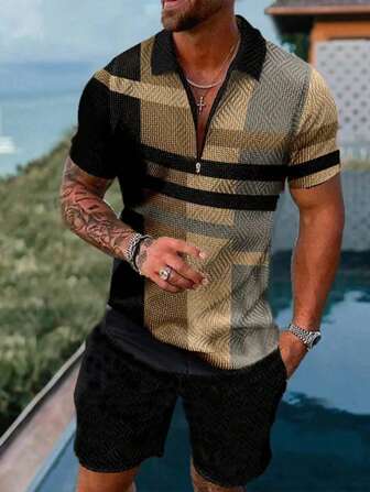 PONCHIOE 男士条纹休闲 Polo 衫和短裤（带口袋）两件套