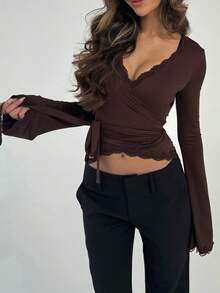 Ballet Wrap Tops For Women Y2k Lace Sheer Mesh Crop Tops Long Sleeve Deep V Neck Cross Wrap Pilates Coquette Tops Slim Fit Workout Yoga Aesthetic T-Shirts - 棕色 - 查看 4