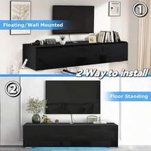 Floating Tv Stand With Led Light For 65 Inch Tvs Wall Mounted Led Entertainment Center With High Gloss Storage Modern Floor Black Mounted Media Console For Living Room - 1 - View 3