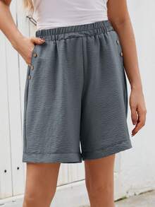 Plus Size Women Button Decor Pockets Relaxed Casual Shorts - Dark Grey - View 1