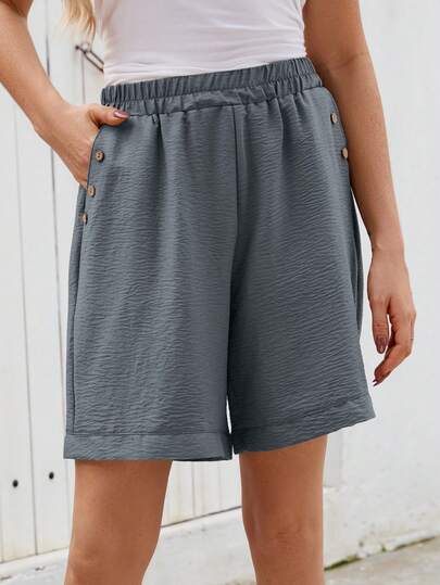 大码女式纽扣装饰口袋休闲短裤