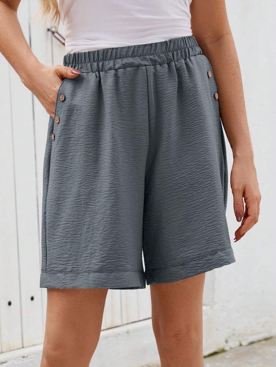 Plus Size Women Button Decor Pockets Relaxed Casual Shorts - Dark Grey - View 1