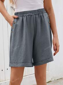 Plus Size Women Button Decor Pockets Relaxed Casual Shorts