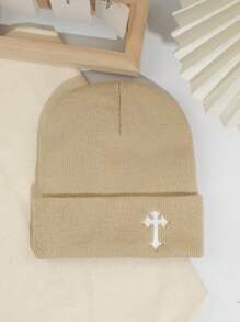 1 Peça Gorro de Malha Estilo de Rua Masculino com Bordado em Cruz, Chapéu de Malha Y2K, Sem Aba, Visual de Halloween e Outono