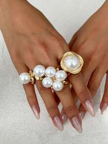 3pcs Vintage Asymmetrical Metal Gold Abstract Rings, Baroque Faux Pearl Decor Rings, Stackable Thick Jewelry Set, Suitable For Women's Daily And Diverse Party Decoration, Fashion Outfit Matching, Holiday Gifts - 3 Piece Ring Set - View 5