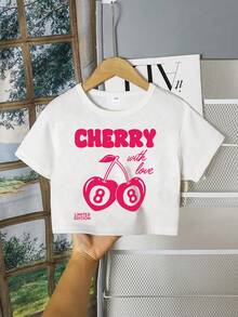 2 件套青少年女孩字母和樱桃 8 印花短款圆领短袖 T 恤和运动短裤套装，女孩春夏短上衣和短裤套装 - 玫紅色 - 查看 3