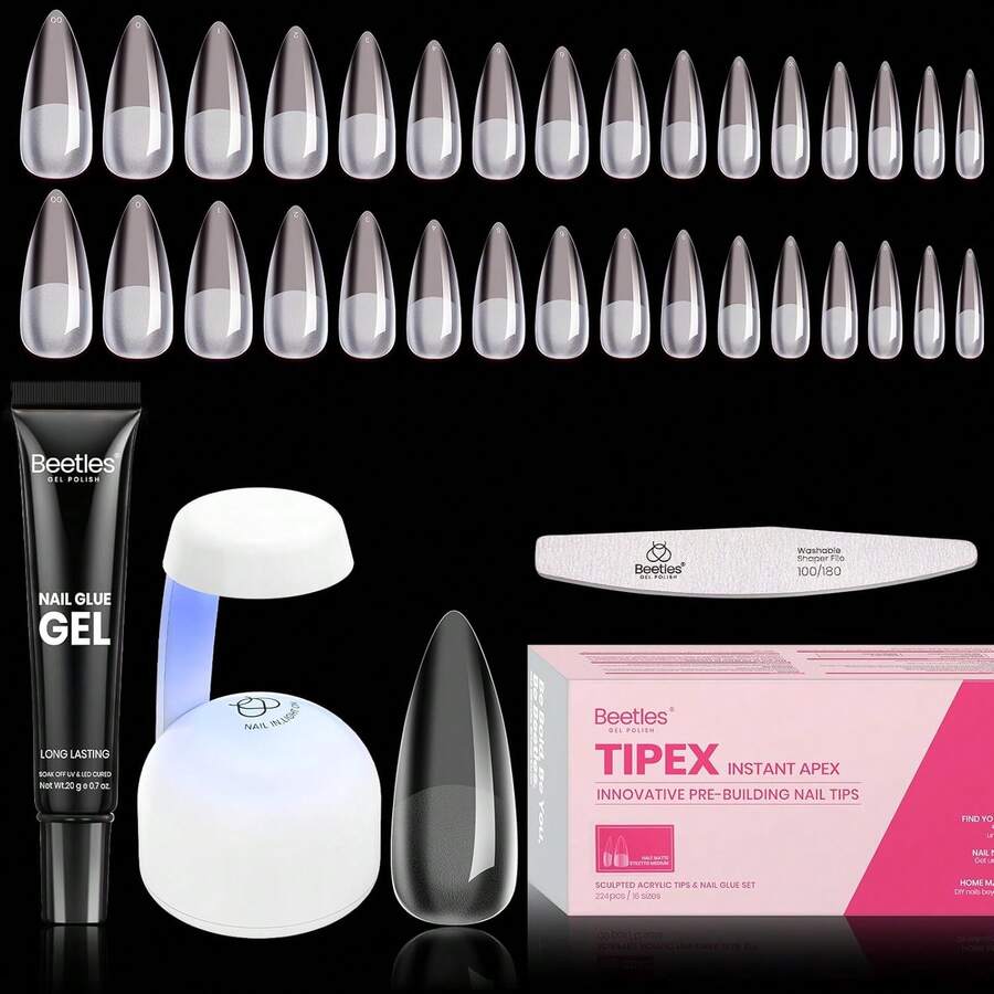 Beetles Tipex Gel Nail Kit With 224Pcs 16Sizes Medium Coffin Apex Nail Tips C Curved , Pre-Building Acrylic Nails With Tipex Nail Glue,Mini Nail Lamp, Nail File For DIY Nails Or Salon Use - 0C-stiletto Medium 224pcs (Tipex Nail Kit) - View 1