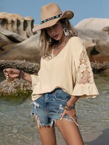 Rusttydustty Camisa de mujer de cuello en V color albaricoque de 3/4 de manga, estilo bohemio, atuendo de playa, Hawái, festival de música, vacaciones tropicales - Caqui - Ver 3