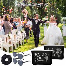 15 pezzi Set regalo per damigelle d'onore, include 5 borsette per il trucco delle damigelle, 5 bicchieri a forma di cuore, 5 scrunchies per capelli, per matrimonio e addio al nubilato