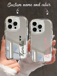 1pc Customized Clear Transparent Solid Color Cute Two Heart Shape Text Personalized Couple Names Phone Case, Fits Apple 11 12 13 14 15 16 Pro Max