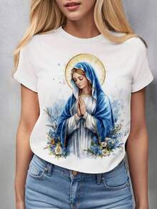 Women's T-Shirt Blouse Casual Fashion, VIRGIN MARY, Colorful, Plus Size Fashion, Summer 2025 Figure Letter Casual Home - 白色 - 查看 2