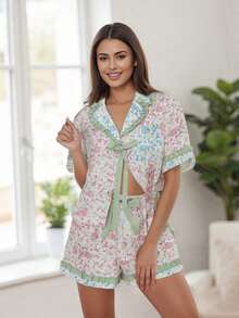 Women Floral Pajama Set, Short Sleeve Tie-Up Shirt With Shorts Daily Sleepwear Loungewear - 彩色 - 查看 2