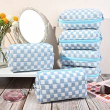 Checkered Makeup Bag Preppy Cosmetic Bag Bulk Blue Makeup Pouch Travel Toiletry Bag Organizer Cute Makeup Brushes Storage Bag Women Fashion - 柔白 - 查看 5