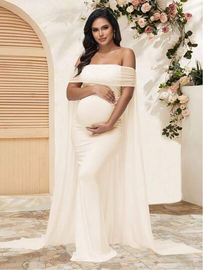 JustVH Elegant Maternity Sheer Shoulder Dress, Suitable For Baby Shower Party, Hooded Long Dress Spring