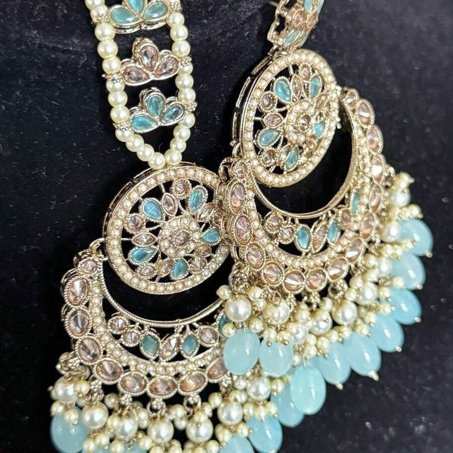 Khatun Earring Tikka Set 2.0 Viral Earring Set Of 2024 - Pastel Blue - View 1