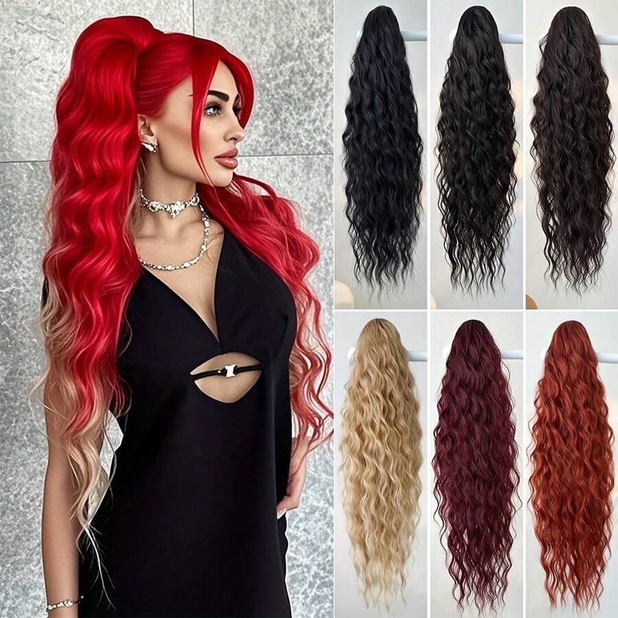 66 Cm Claw Ponytail Extension - Long, Water Wave Style, Heat Resistant Synthetic Hairpiece For Women, Ideal For Parties And Daily Wear, Black, Brown, Blonde, Heat Resistant Fiber