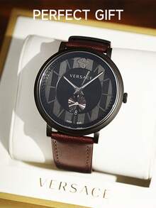 Versace 男士时尚商务石英腕表，棕色皮革表带，垂直条纹表盘设计和黑色不锈钢表壳，浪漫男士礼物手表，VEBQ00419 - 咖啡棕 - 查看 7