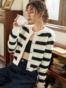 Knit Mix 女士针织法式通勤开衫，条纹圆领长袖纽扣前襟宽松版型，时尚返校季女装秋冬装 - 黑與白 - 查看 3