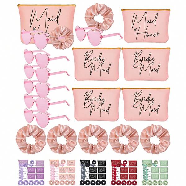 15 pezzi Set regalo per damigelle d'onore, include 5 borsette per il trucco delle damigelle, 5 bicchieri a forma di cuore, 5 scrunchies per capelli, per matrimonio e addio al nubilato