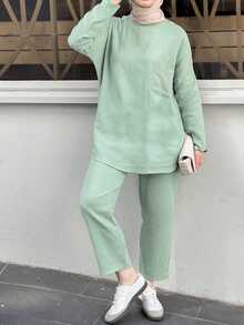 Christmas Loose Casual Middle Eastern Arabic Style Drop Shoulder Solid Color 2 Piece Set Women Outfit, Christmas Outfit, New Year Party Outfit, Elegant Women Suit, Casual Women Set, Holiday Wear, Winter Clothing - Green - View 2