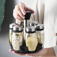 Especiero 6 Piezas Giratorio 360° Tipo Salero Organizador Para Condimentos Especias Sal Pimenterio Ahorrador De Espacio En Cocina Recipientes Vidrio Multiusos 6 Frascos Moderno Ideal Para Centro De Mesa - W3755 - Especiero 6 360 - Negro - Ver 6