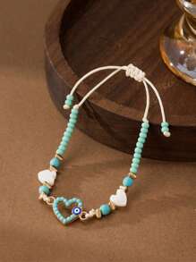 Pulseira ajustável estilo boêmio verde menta com pingente de coração, árvore da vida, acessório versátil para praia/férias