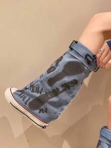 女士灰色圆头厚底平底踝靴，春秋季休闲帆布短靴