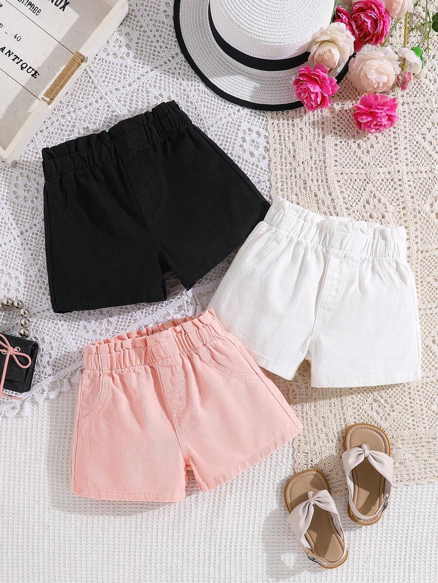 3pcs Young Girl Classic Blue Denim Shorts With Waist Ruffle, Fashionable Casual And Versatile, Spring/Summer - View 1