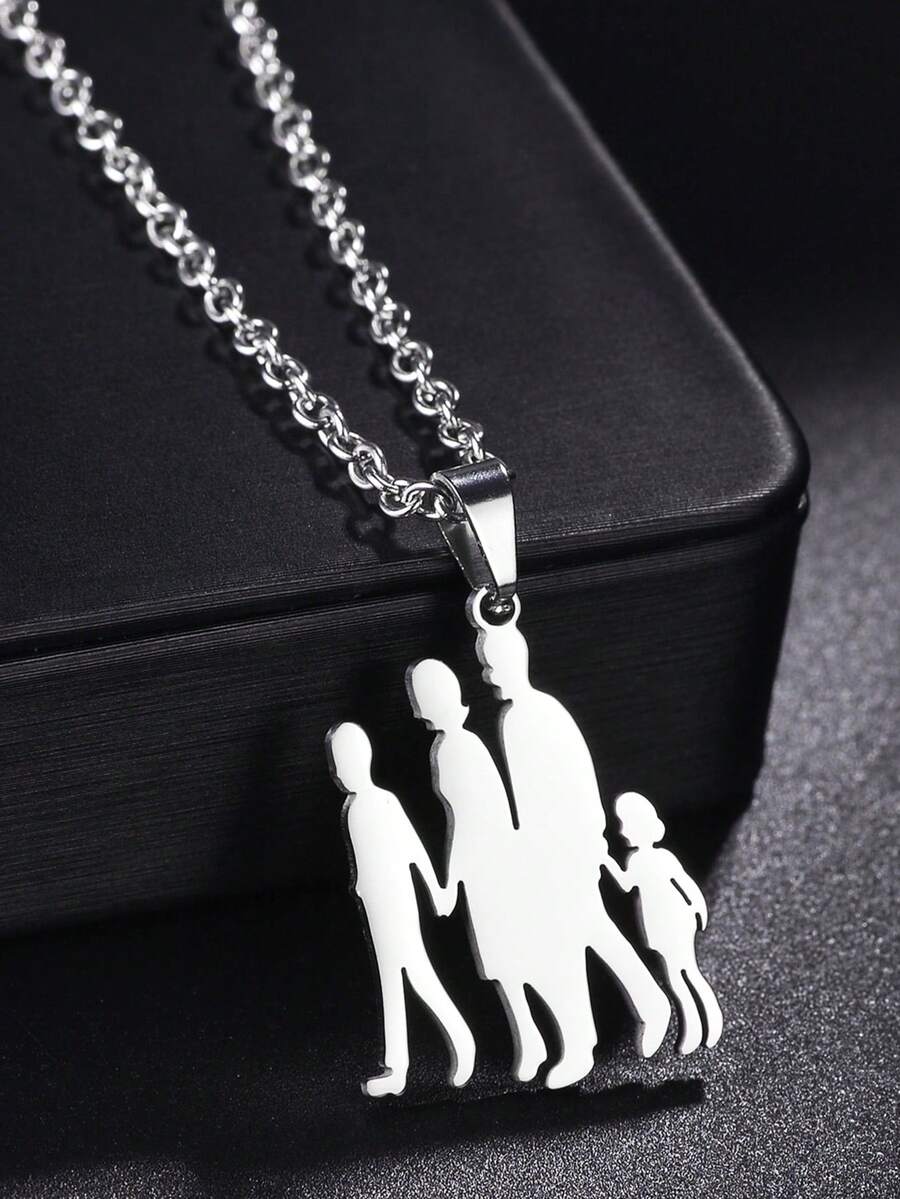 1件时尚温馨的不锈钢亲子吊坠项链，母亲节/父亲节礼物 - 銀色 - 查看 1