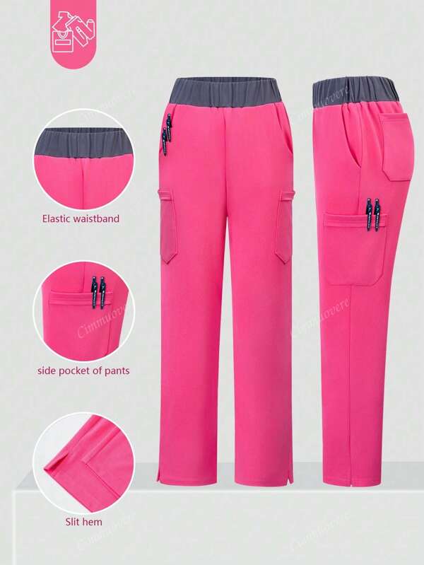 Pantalones de enfermería elásticos de color de contraste para mujeres, pantalones cómodos, pantalones de unicolor con múltiples bolsillos
