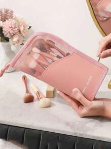 1pc Makeup Brush Case With Zipper,Transparent Pvc Waterproof Travel Makeup Brush Holder ,Portable Makeup Brush Bag, Professional Cosmetic Bag ,Artist Storage Bag, Essentials Stand-Up Foldable Makeup Cup For Home,Gift,Vacation ,Travel