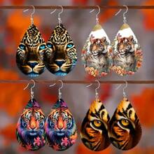 Nouvelles boucles d'oreilles en bois de créativité mode avec un motif recto-verso de tigre audacieux. Boucles d'oreilles de luxe à la mode