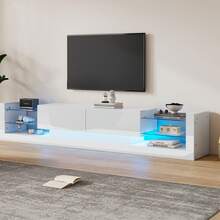 High-Gloss TV Cabinet With LED Lighting, 181 Cm – For TVs Up To 80 Inches, Glass Front, Two Folding Drawers, Black/White