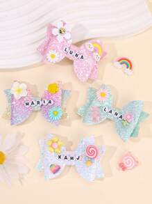1 Stück kundenspezifische glitzernde Haarschleife mit Wunschtext für Mädchen, kundenspezifischer Name, glänzend weiß-rosa Schleife Haarspangen, süßer Bären-Blumen-Dekor Haarnadeln, lässiger Alltagskopfschmuck, Kinderbaby Haraccessoires