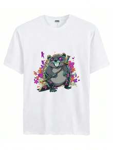 Cartoon Beaver Holding A Katana In A Playful Pose Surrounded By Colorful Flowers - 白色 - 查看 1