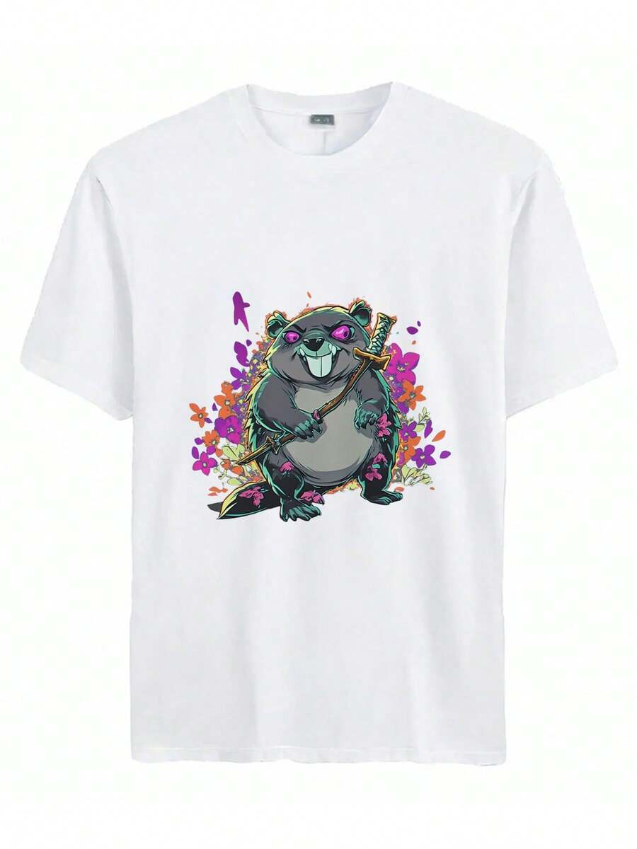 Cartoon Beaver Holding A Katana In A Playful Pose Surrounded By Colorful Flowers - 白色 - 查看 1