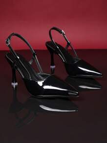 1 Pair Girl's Black Shiny Patent Leather High Heel Sandals, With Pointed Toe, Strap Buckle Design, Stiletto Heel, Suitable For Parties, Outings, Traveling, Summer New Arrival