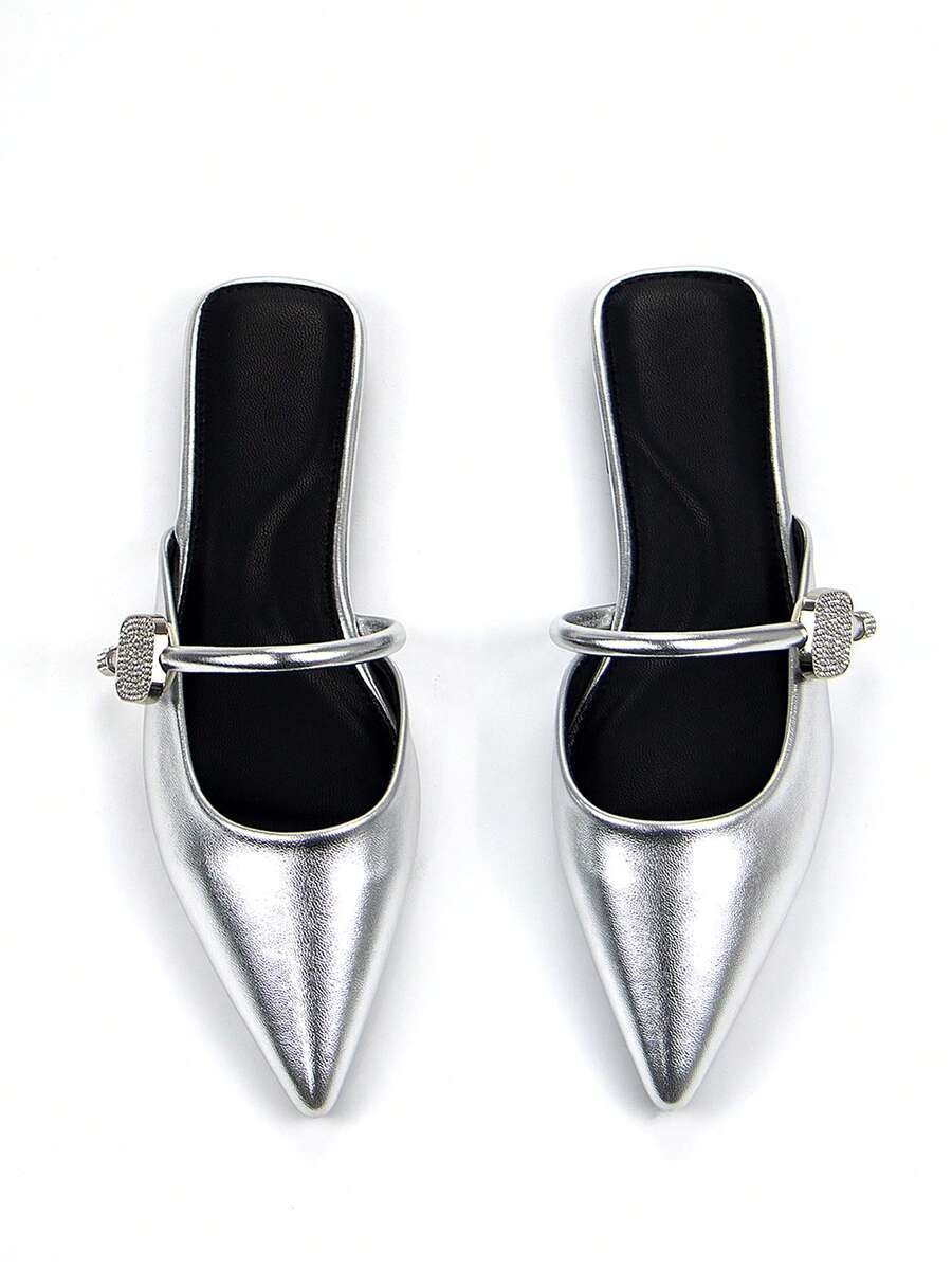 秋冬女士优雅银水晶镶嵌带装饰金属尖头穆勒鞋，舒适的一脚蹬平底鞋，适合日常穿着和派对