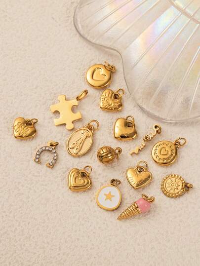 1 件不锈钢材质可爱风格心形冰淇淋拼图马蹄舞鞋星形吊坠，适合 DIY 项链、手链、耳环、包链、钥匙扣，镀 18K 金，防水防汗，适合日常使用，是送给妻子、母亲和女朋友的创意吊坠