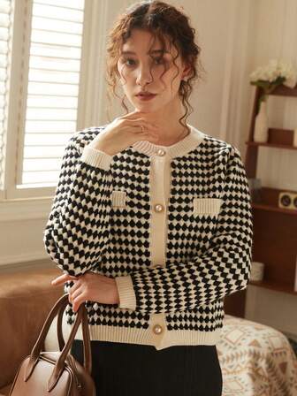 Knit Mix Elegant Women's Fashion Knit French Commuter Cardigan, Christmas/Thanksgiving/New Year Stylish Plaid Pattern Pearl Button Front Loose Sweater, Suitable For Autumn/Winter/Spring Fashion Back To School Season