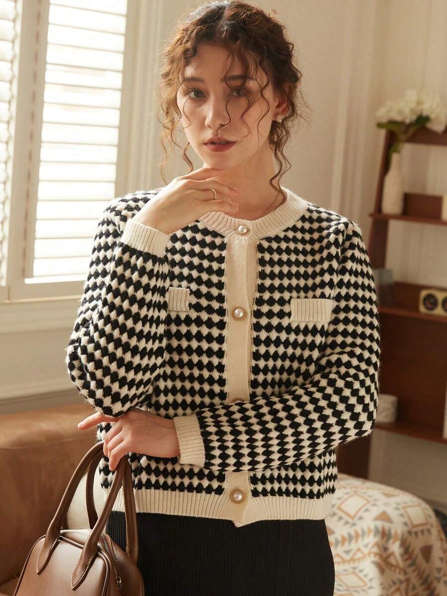 Knit Mix Elegant Women's Chic Knitted French Commuter Cardigan, Christmas Thanksgiving New Year Chic Plaid Pattern Pearl Button Front Loose Fit Sweater For Fall Winter Spring Fashion Back To School Fall Women Clothes Autumn